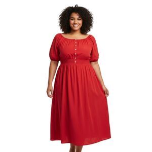 Gardenwed Smocked Waist Red Midi Dress with Puff Sleeves XXL